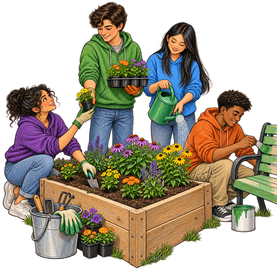 Students planting and watering a raised community garden bed