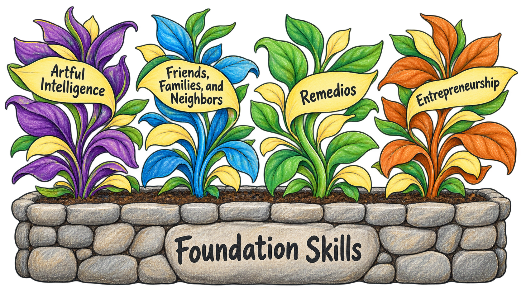 Four plants growing from a stone planter labeled Foundation Skills: Artful Intelligence, Friends, Families and Neighbors, Remedios, and Entrepreneurship