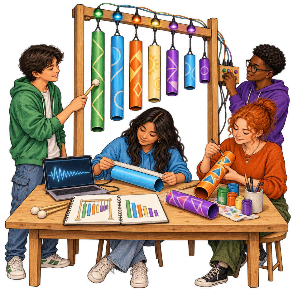 Students building and tuning colorful pipe chimes with a laptop and notebook
