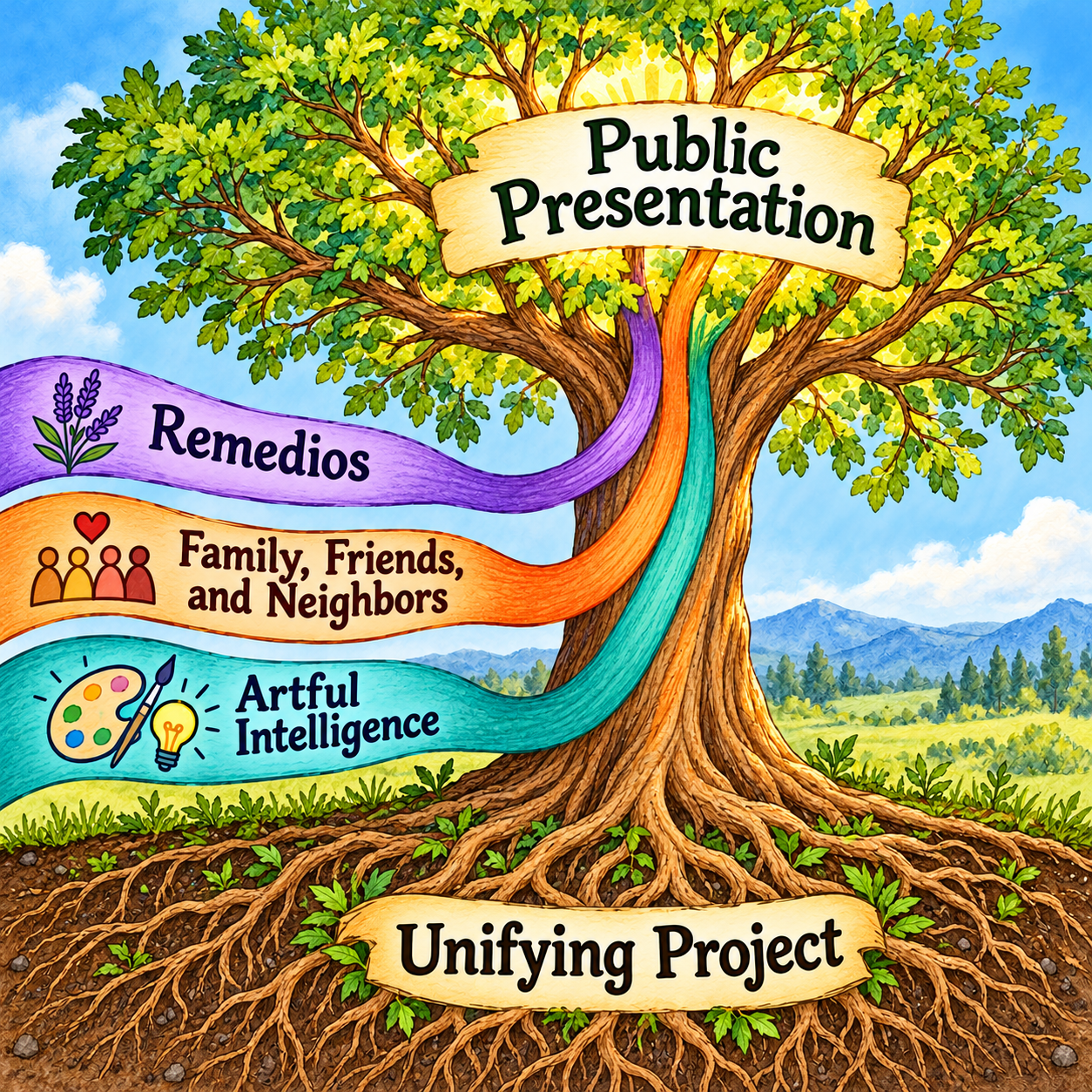 Four plants growing from a stone planter labeled Foundation Skills: Artful Intelligence, Friends, Families and Neighbors, Remedios, and Entrepreneurship