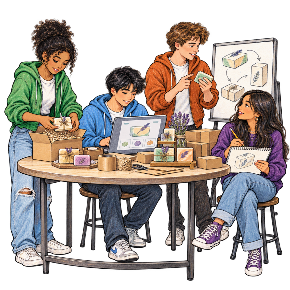 Students packaging handmade products and planning around a whiteboard